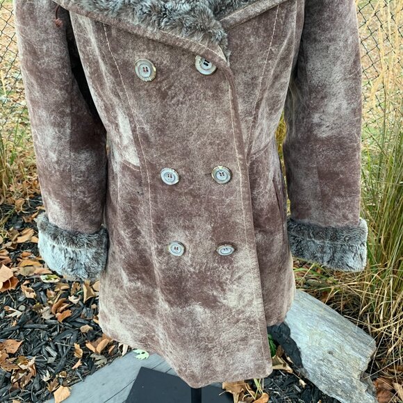Vintage Penny Lane Pea Coat Faux Suede Fur Trim Double Breasted Overcoat - Picture 3 of 16